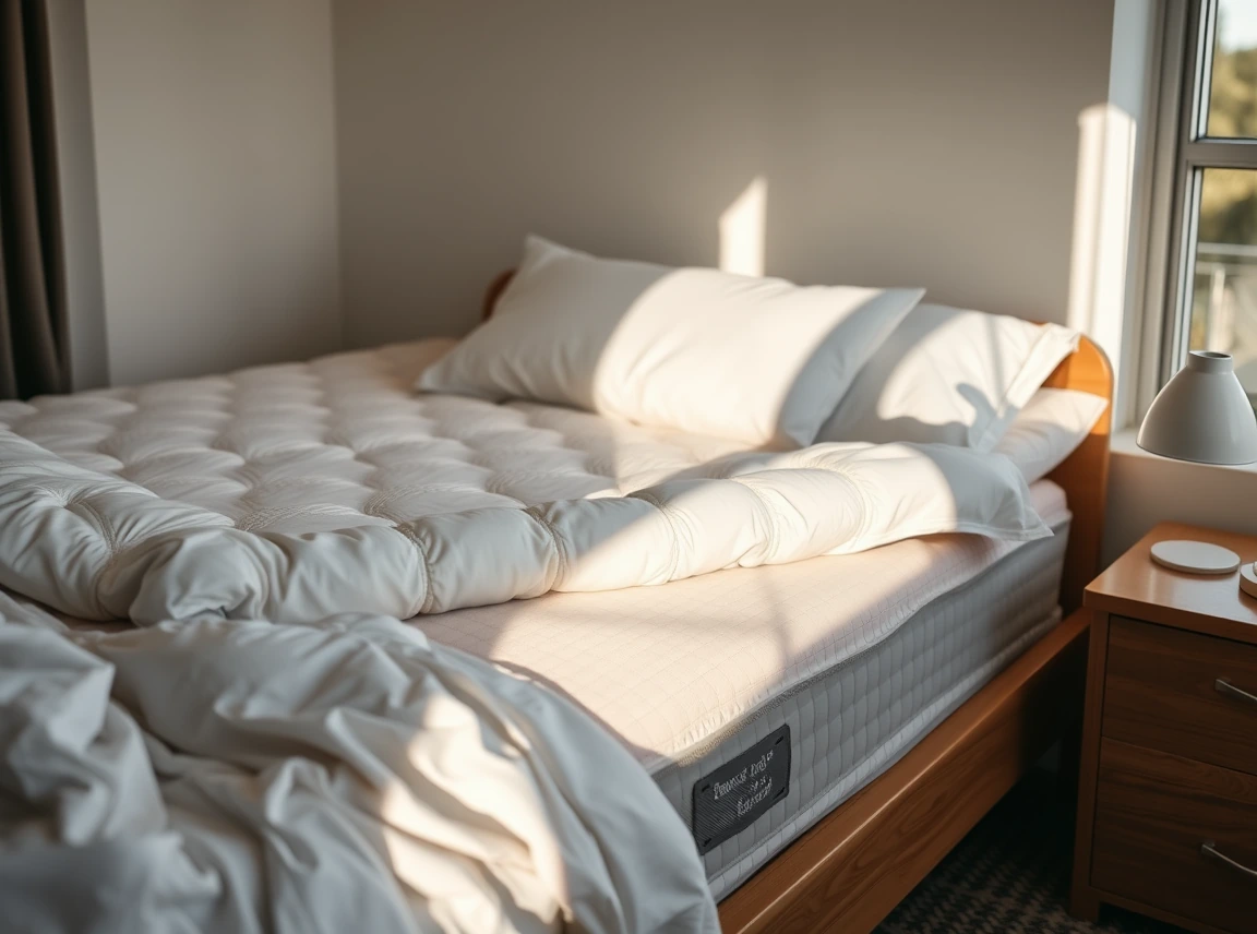 A dorm bed being layered with a thick plush mattress topper and soft white sheets, cozy inviting bed, soft morning light