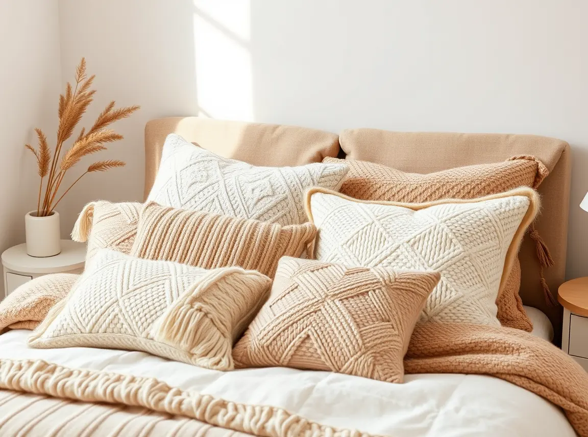 A dorm bed styled with layered throw pillows in knit, boucle, and soft cotton textures in warm neutral tones, plush and
