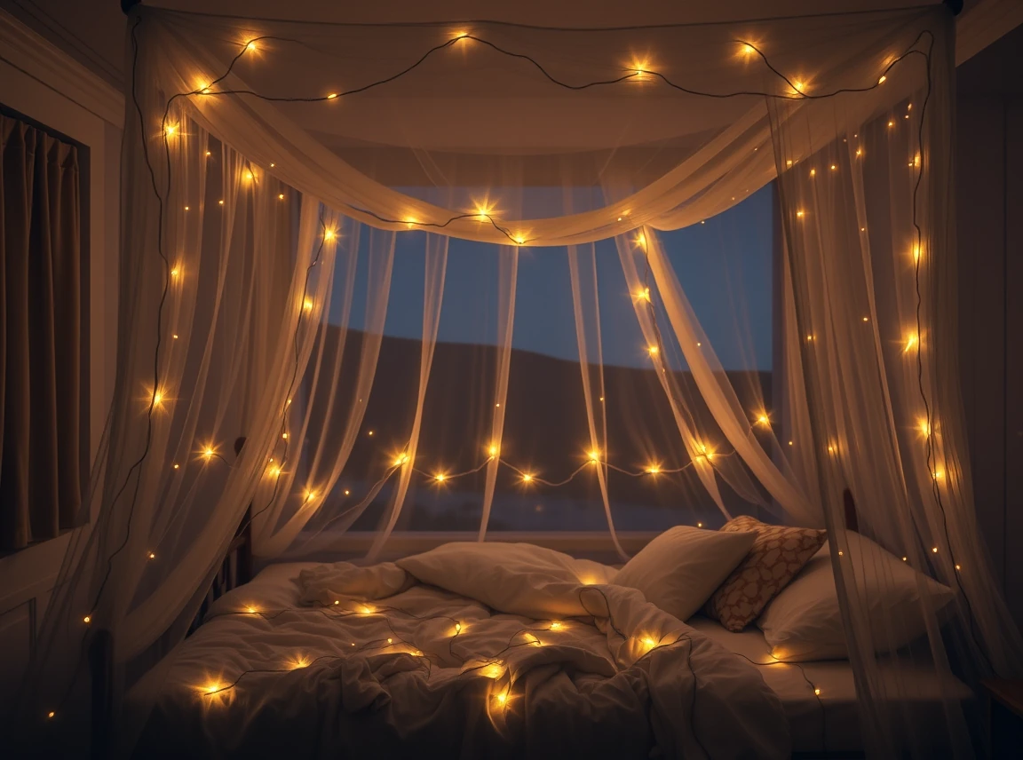 A dorm bed with a sheer canopy draped overhead and warm fairy lights woven through it, dreamy cozy retreat glowing softly at