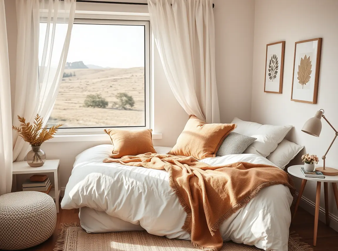 A dorm corner styled in a cohesive palette of warm white, greige, and camel, matching bedding and cushions, calm and