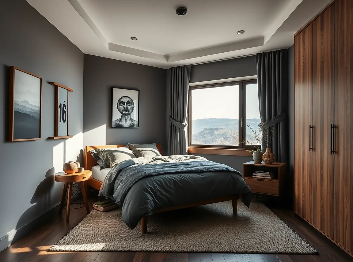 A dorm corner styled in charcoal, olive, and warm wood tones with matching bedding, calm masculine palette, natural light