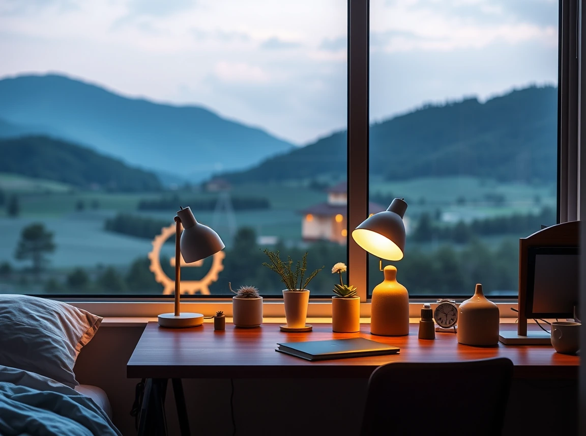 A dorm desk and bedside styled with two warm ceramic table lamps glowing softly, no harsh overhead light, cozy layered