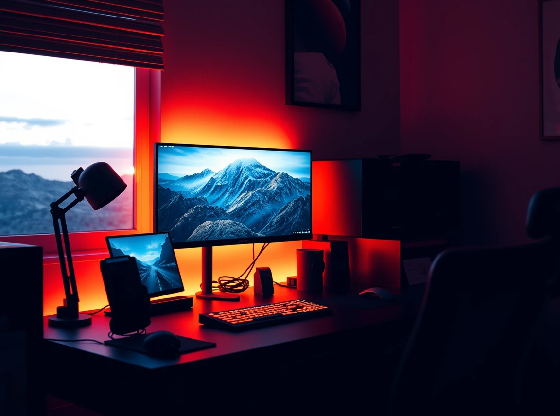 A dorm gaming desk with warm ambient LED backlighting behind the monitor, glowing softly in a dim room, sleek setup