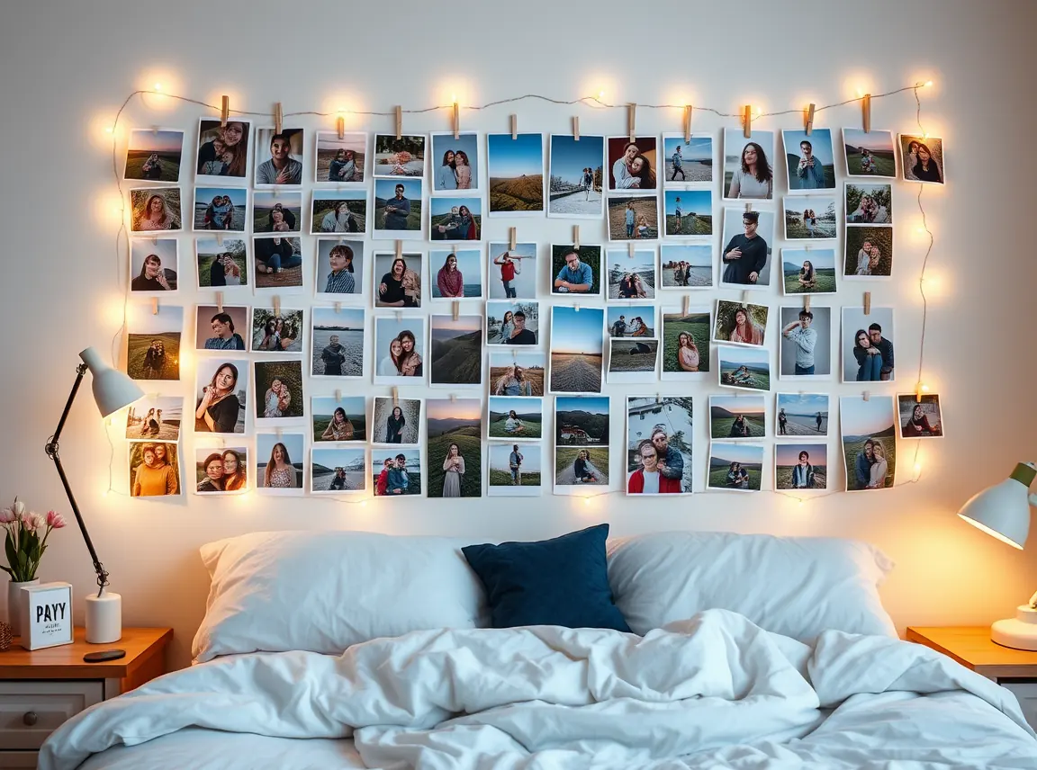 A dorm photo wall of printed photos of family and friends arranged in a soft grid with small clips and warm lights, personal