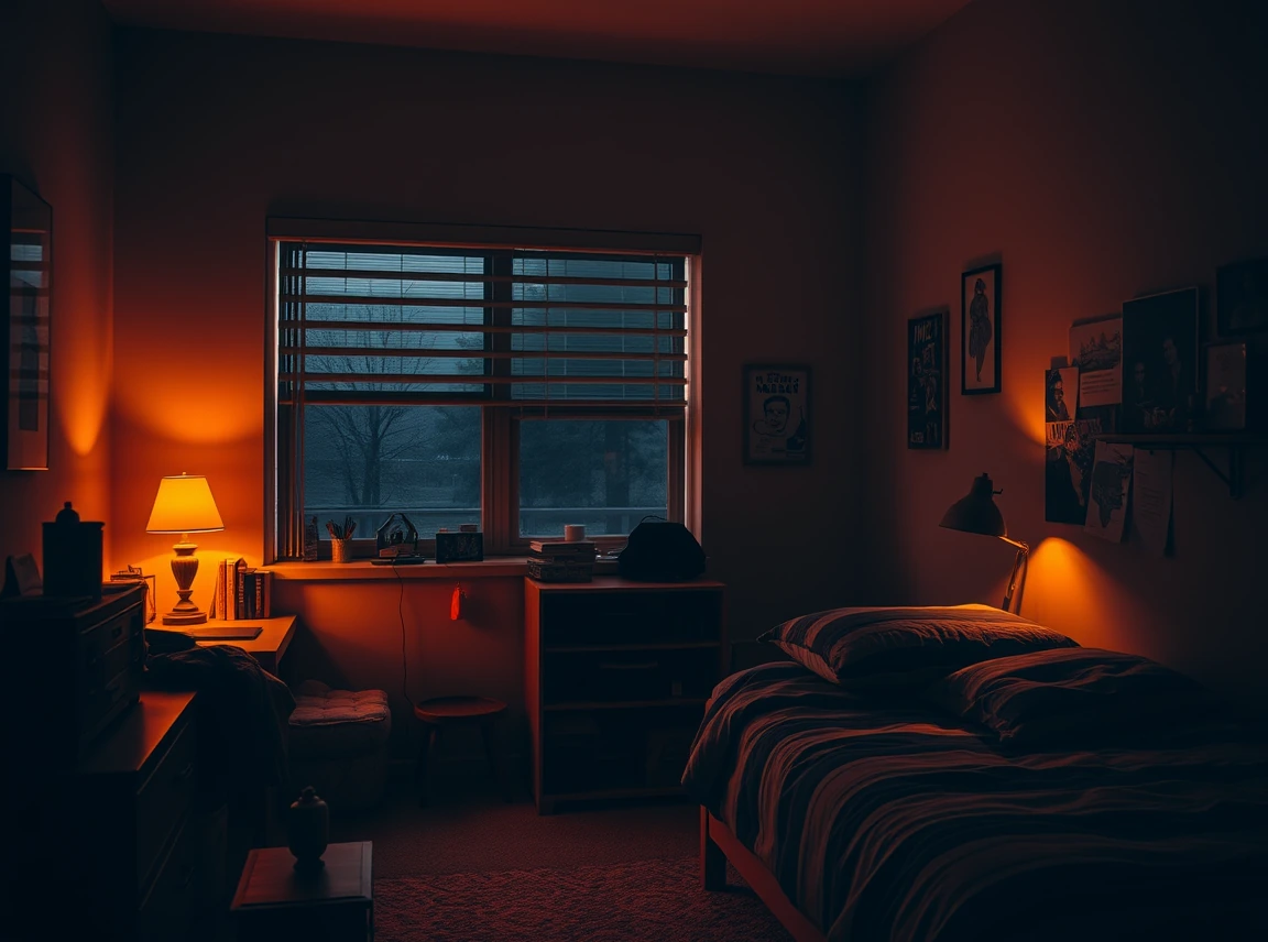 A dorm room lit with a warm desk lamp and soft strip lighting, landscape photo