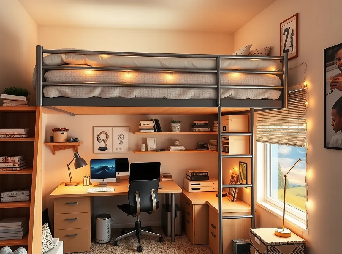 A dorm room with a lofted bed and a well-organized study zone underneath featuring a desk, task lamp, shelving, and soft