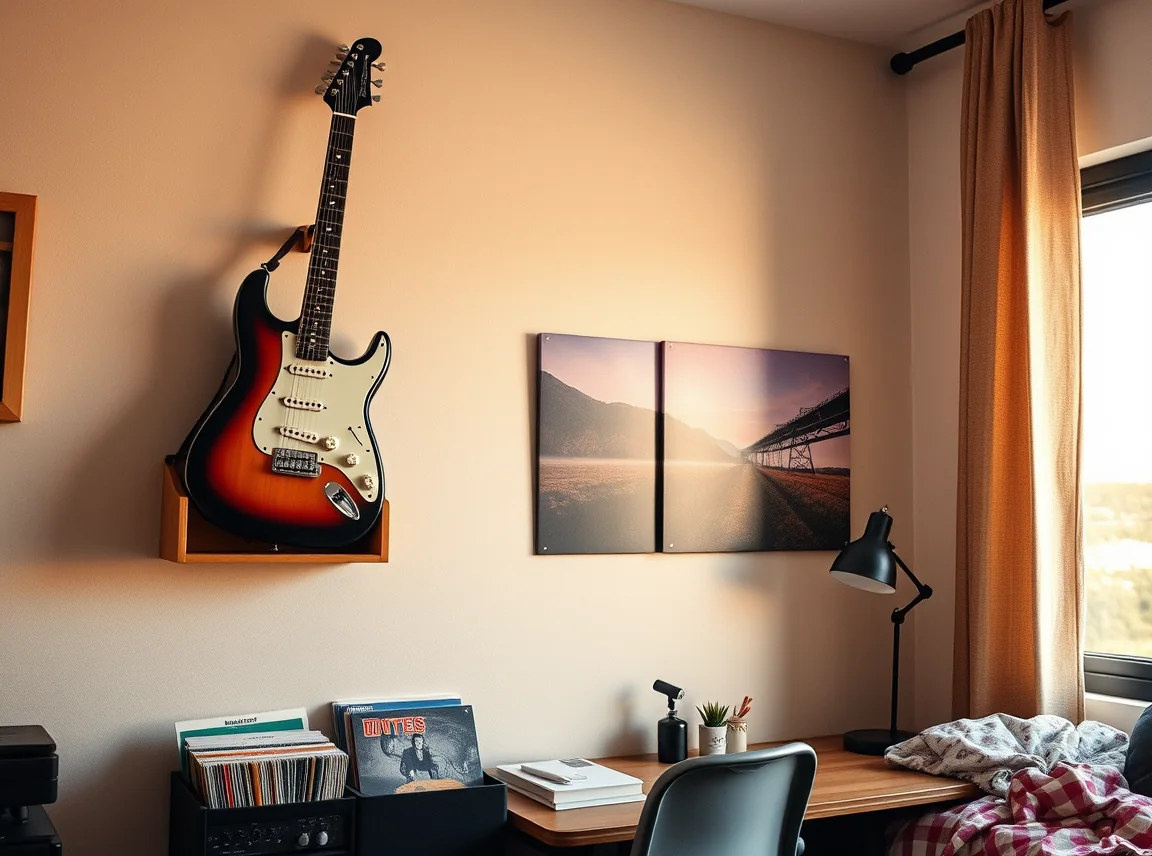 A dorm wall with a mounted guitar and a small shelf of records beside a desk, personal and cool, warm light, landscape photo