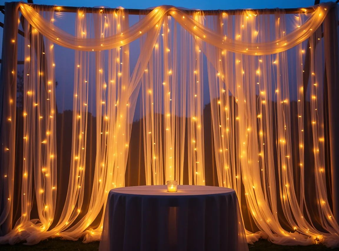 A dreamy backdrop of draped tulle woven with warm fairy lights glowing softly behind a table, magical and airy, no people