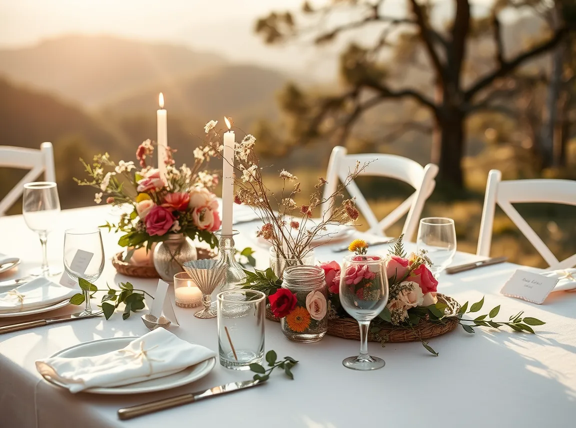 A dreamy DIY wedding table with handmade centerpieces, painted candle jars, and pressed flower place cards, complete and