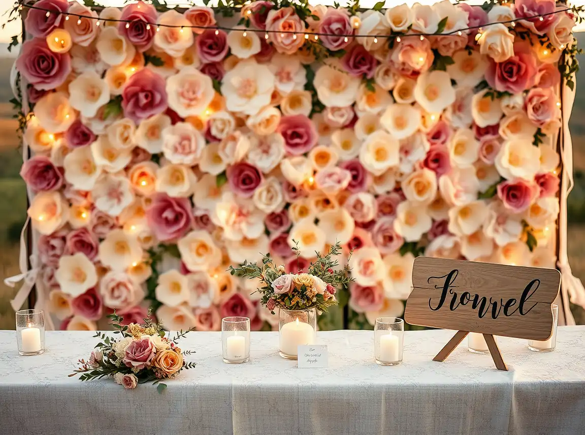 A dreamy wedding scene with a handmade paper flower backdrop, fairy lights, pressed flower place cards, and hand-lettered