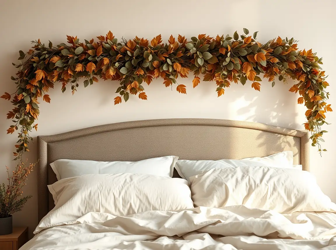 A dried leaf and eucalyptus garland draped above a bed headboard, autumn foliage, no people, warm cozy light, landscape photo