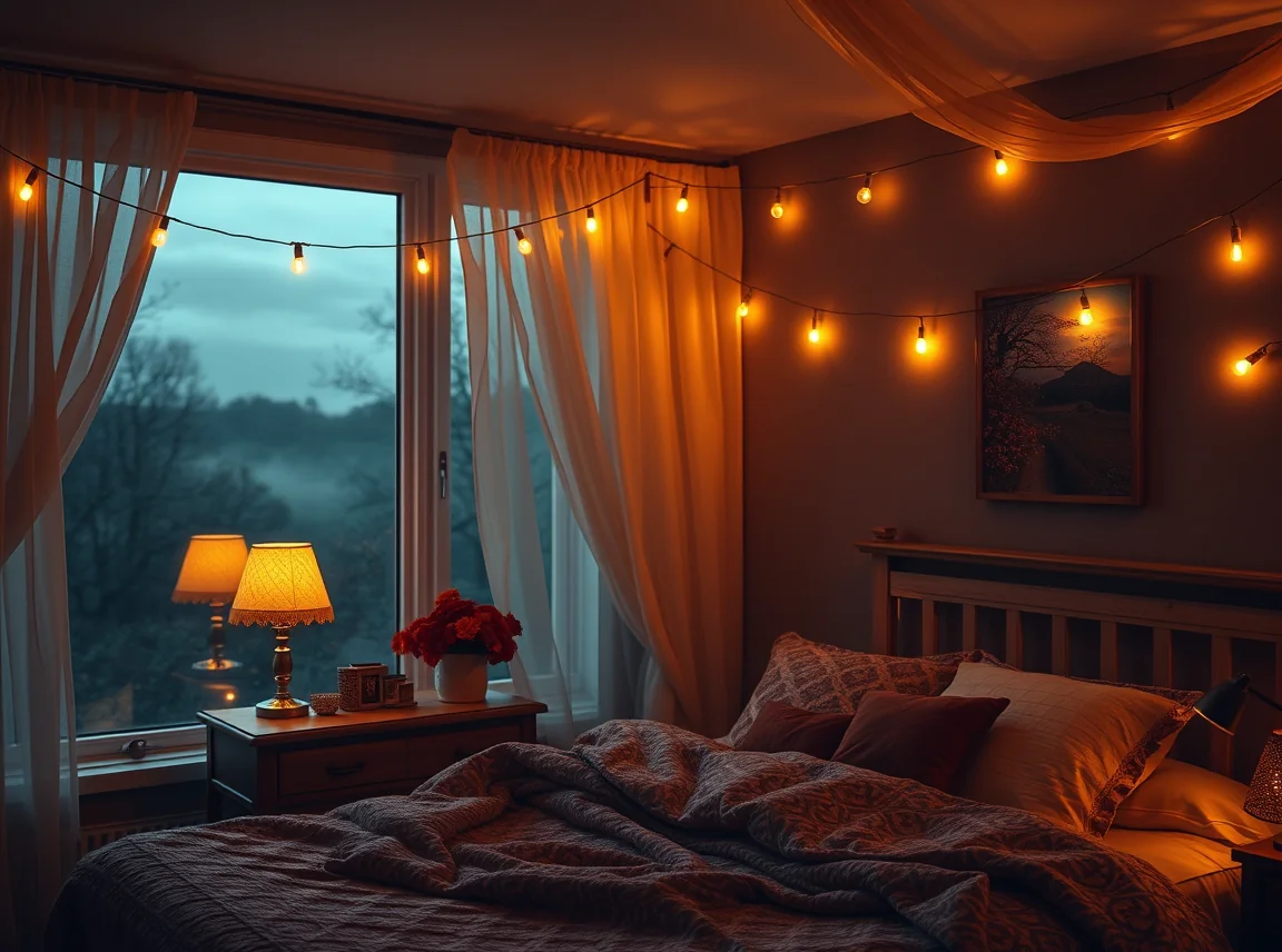 A fall bedroom lit by a warm bedside lamp and string lights with the overhead off, soft layered glow, no people, landscape