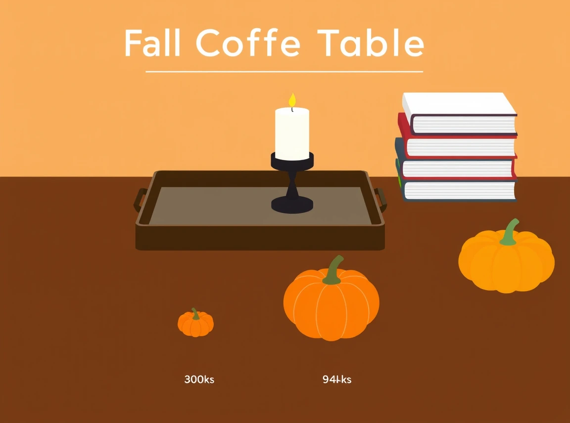 A fall coffee table styling formula showing a tray, a candle, a stack of books, and a small pumpkin arranged by height, no