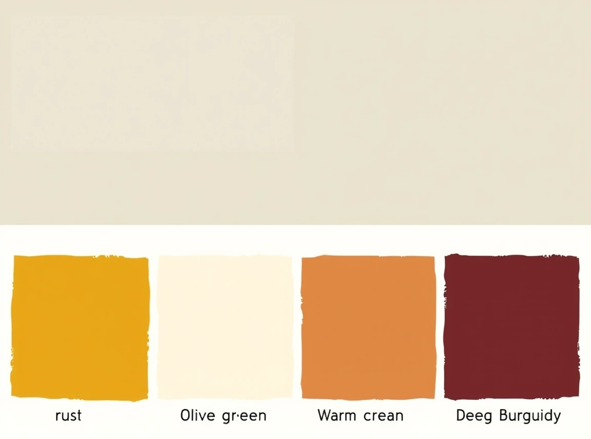 A fall color palette chart showing swatches of rust orange, mustard yellow, olive green, warm cream, and deep burgundy, with