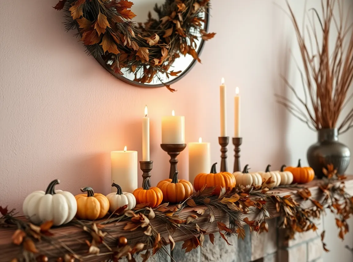 A fall mantel styled with candles, small pumpkins, dried stems, and a leaf garland, cozy seasonal display, no people, warm
