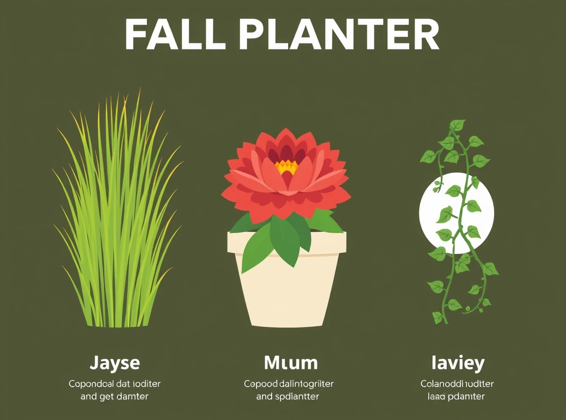 A fall planter recipe infographic showing a tall grass, a mum, and trailing ivy layered together, no people, flat vector
