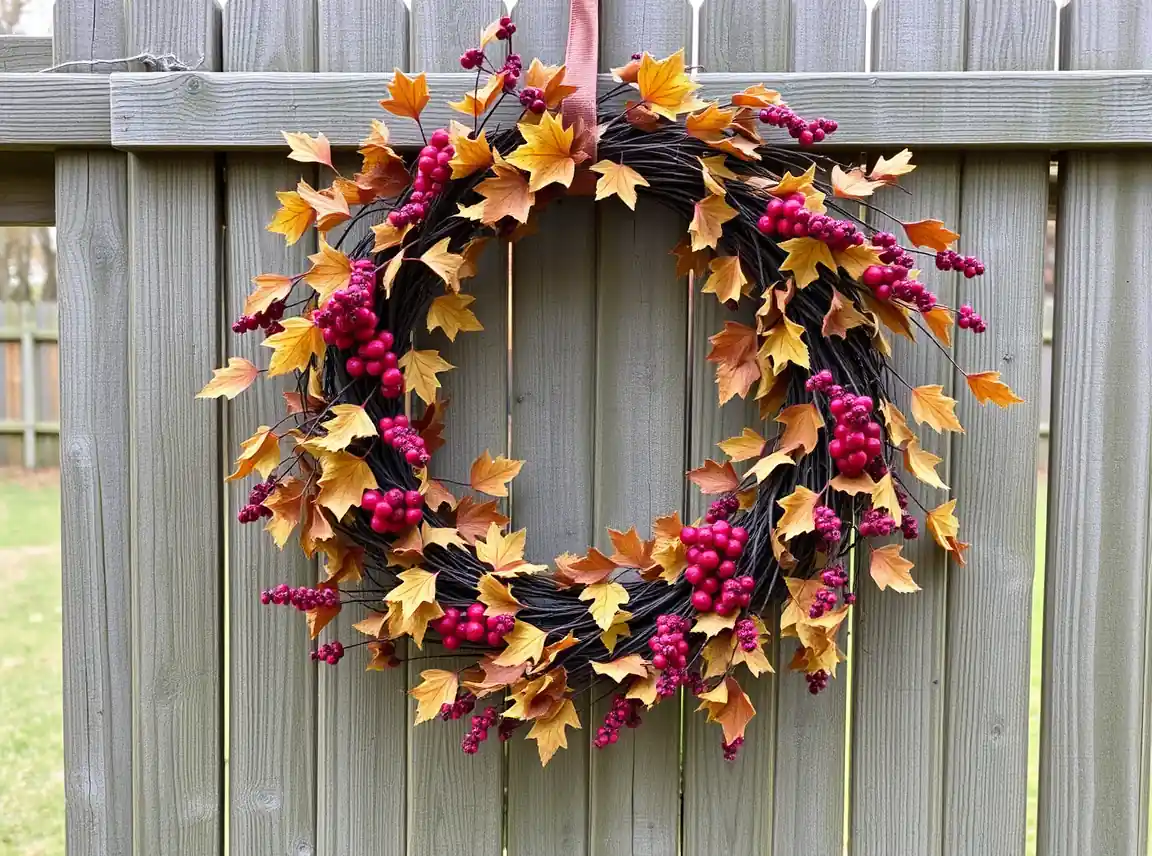 A fall wreath of dried leaves and berries hanging on a wooden backyard fence, seasonal and warm, no people, soft daylight