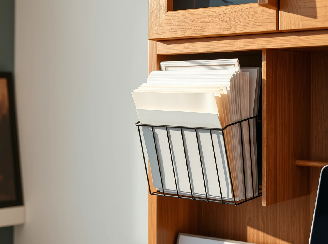 A file holder and wall pocket mounted on the side of a desk hutch holding sorted papers, tidy paper storage, no people, soft