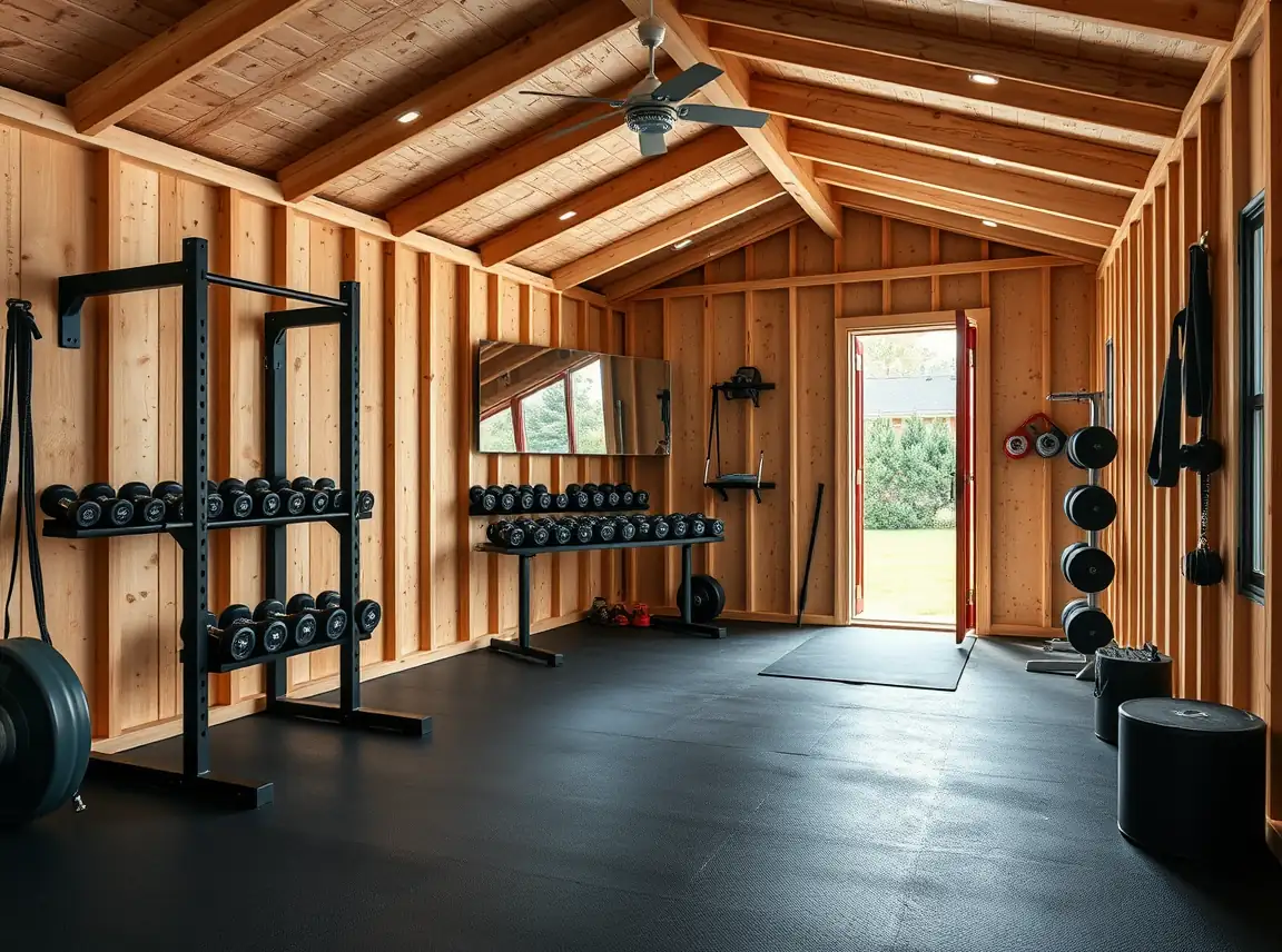A finished backyard home gym inside a converted wooden shed with black rubber flooring, a squat rack, dumbbells on a wall