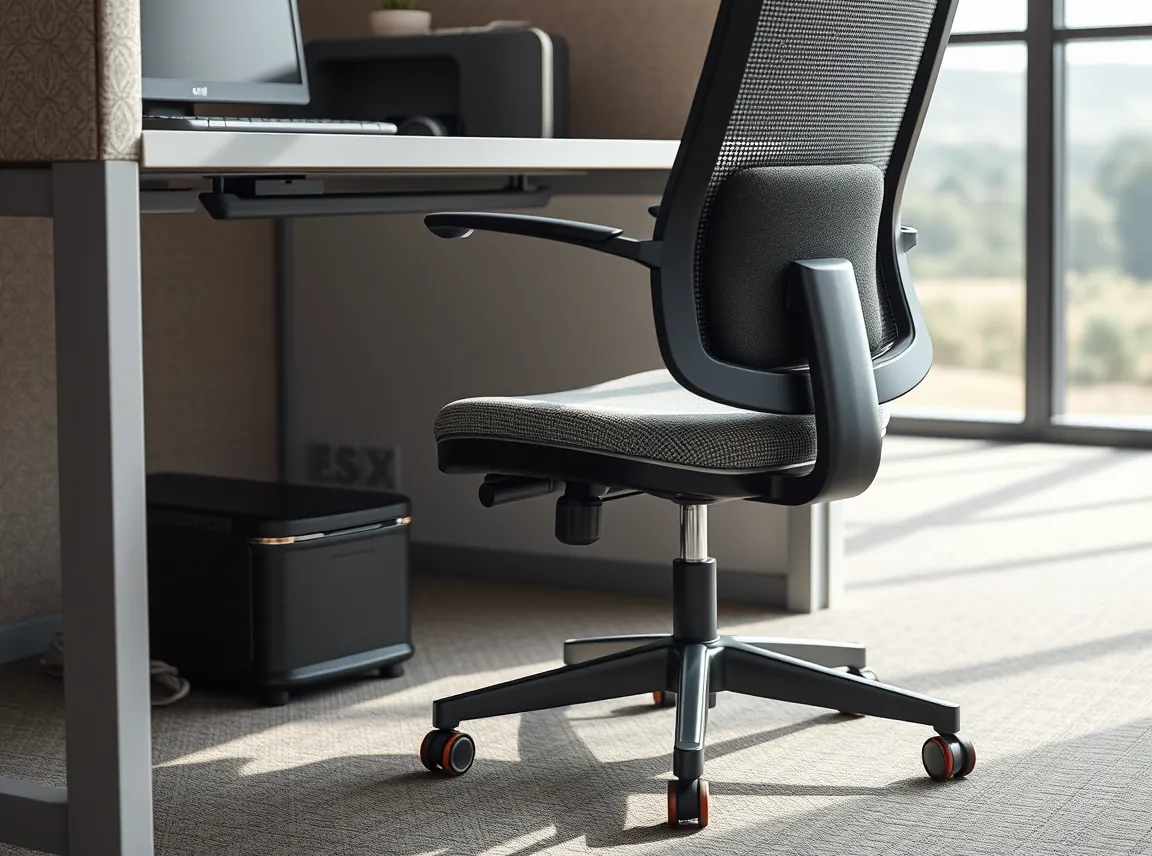 A footrest under a desk and a supportive back cushion on an office chair in a cubicle, comfortable and ergonomic, no people