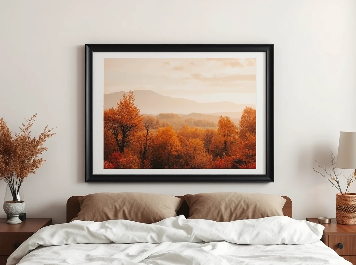 A framed autumn landscape print in warm rust and gold tones hanging above a bed, cozy wall art, no people, soft daylight