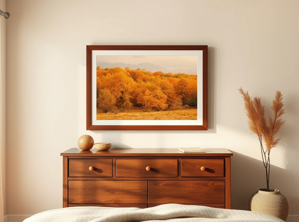 A framed autumn landscape print in warm tones hanging above a dresser in a cozy bedroom, seasonal wall art, no people, soft
