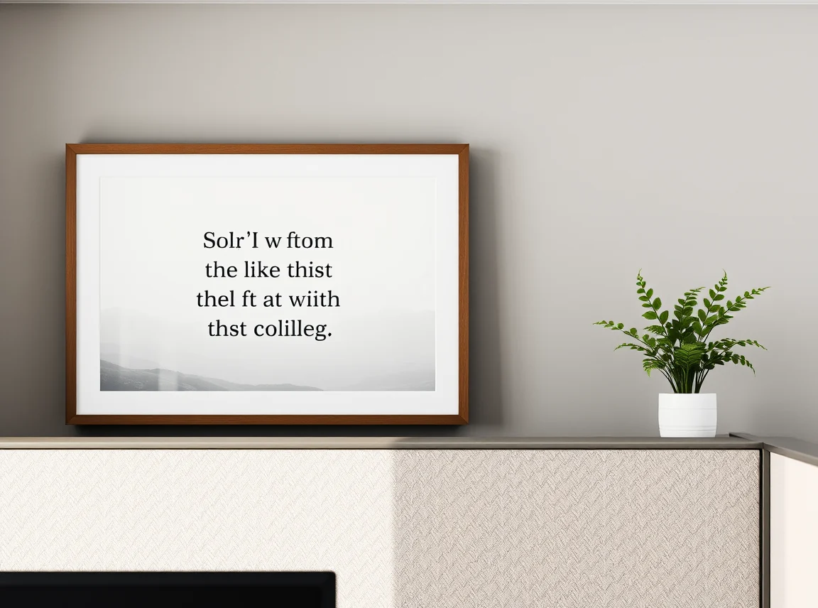 A framed minimalist motivational quote print in calm tones on a cubicle wall above the desk, simple and uplifting, no
