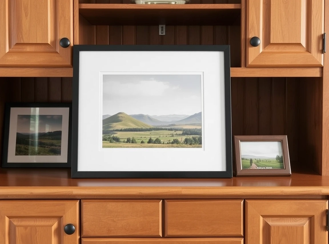 A framed photo and a small art print leaning against the back of a hutch shelf, personal and warm, no people, soft daylight