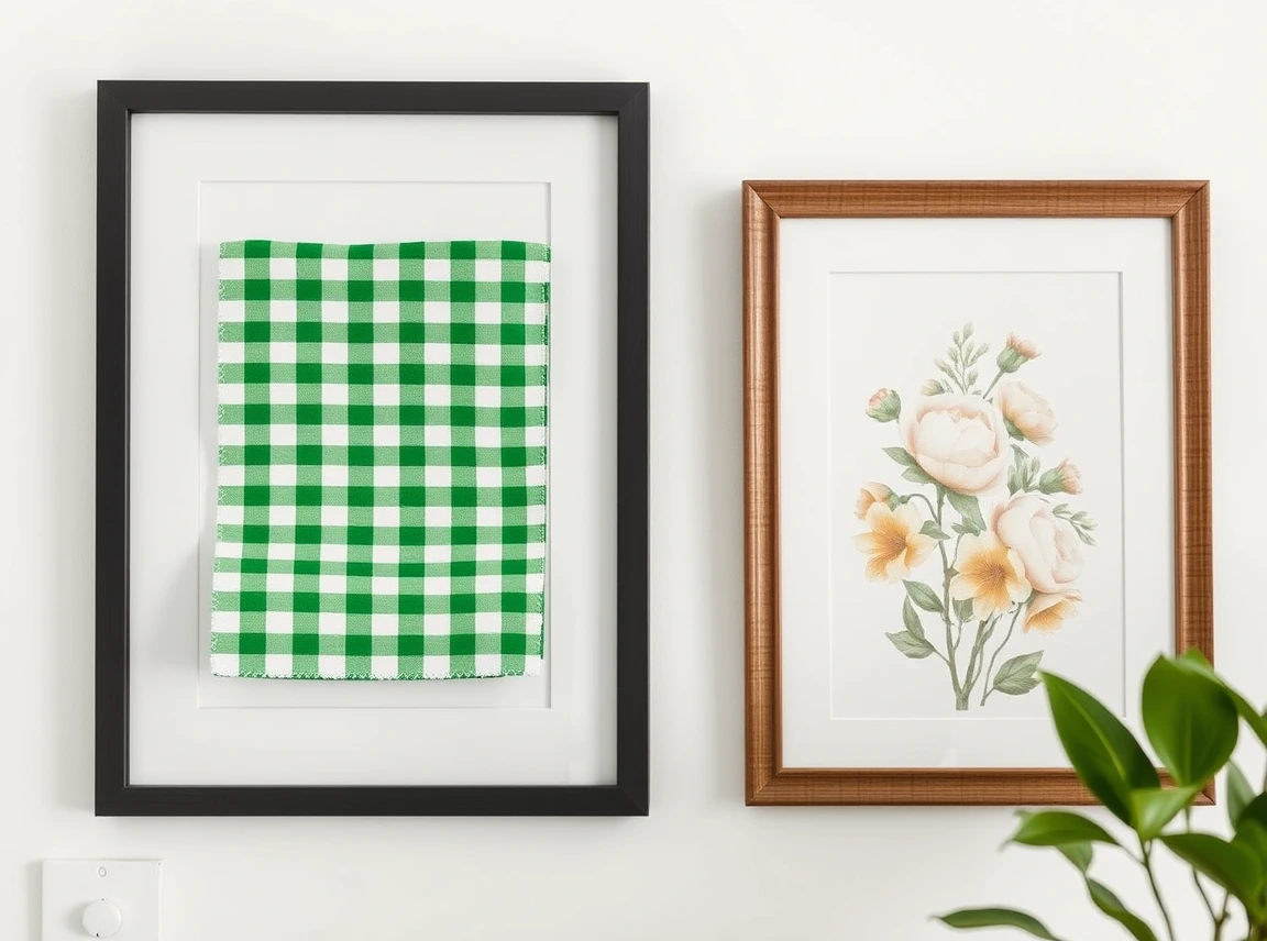 A framed piece of green gingham fabric hanging as wall art next to a framed floral print, simple and clever, bright even