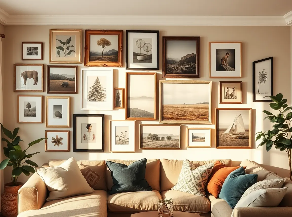 A free-form corner gallery wall with mismatched frame sizes and overlapping art in a warm neutral palette, some frames