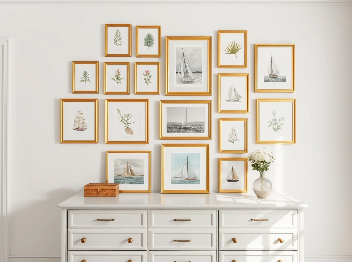 A gallery wall of framed botanical and sailboat prints in matching gold frames on a white wall, arranged in neat rows above