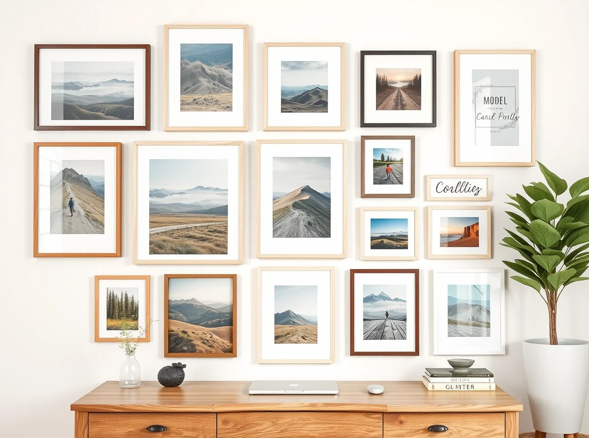 A gallery wall of framed free prints and postcards in mixed cheap frames above a desk, personal and budget-friendly, soft