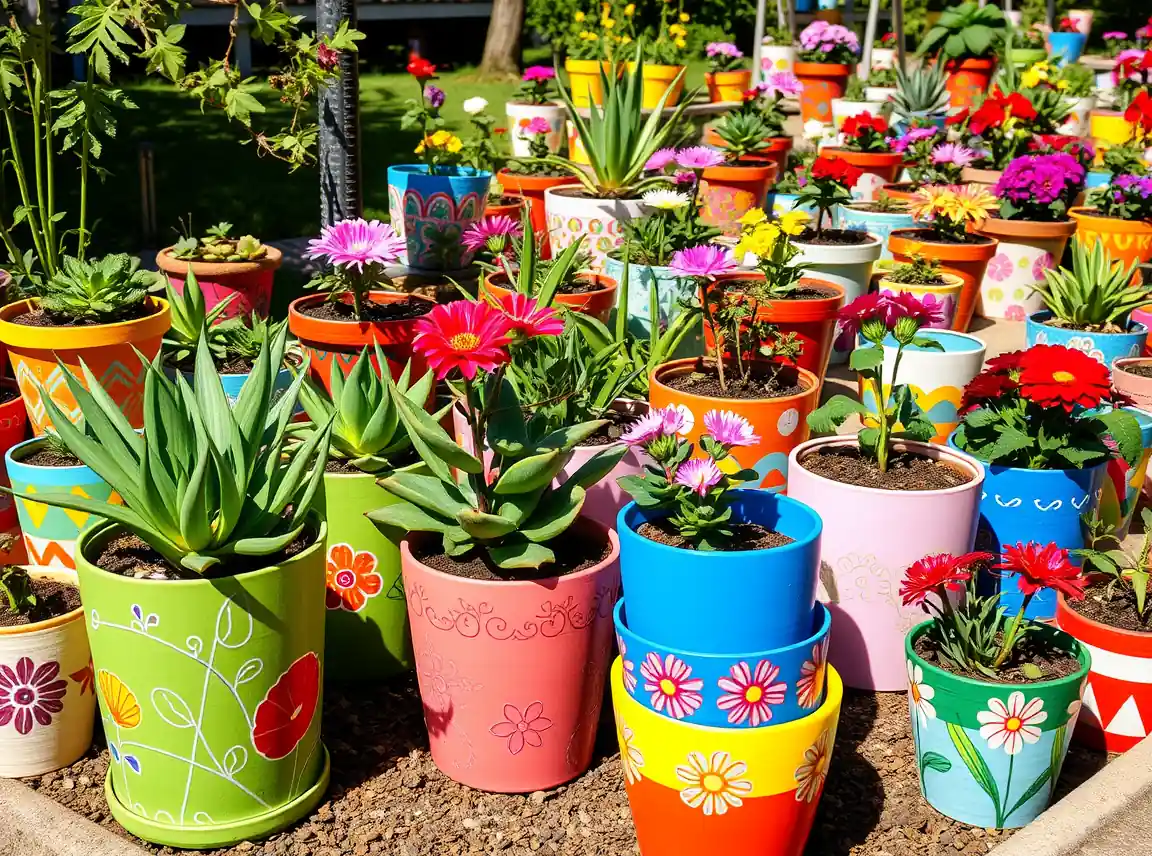 A garden filled with colorful hand-painted plant pots in bold colors, patterns, and floral designs holding various plants