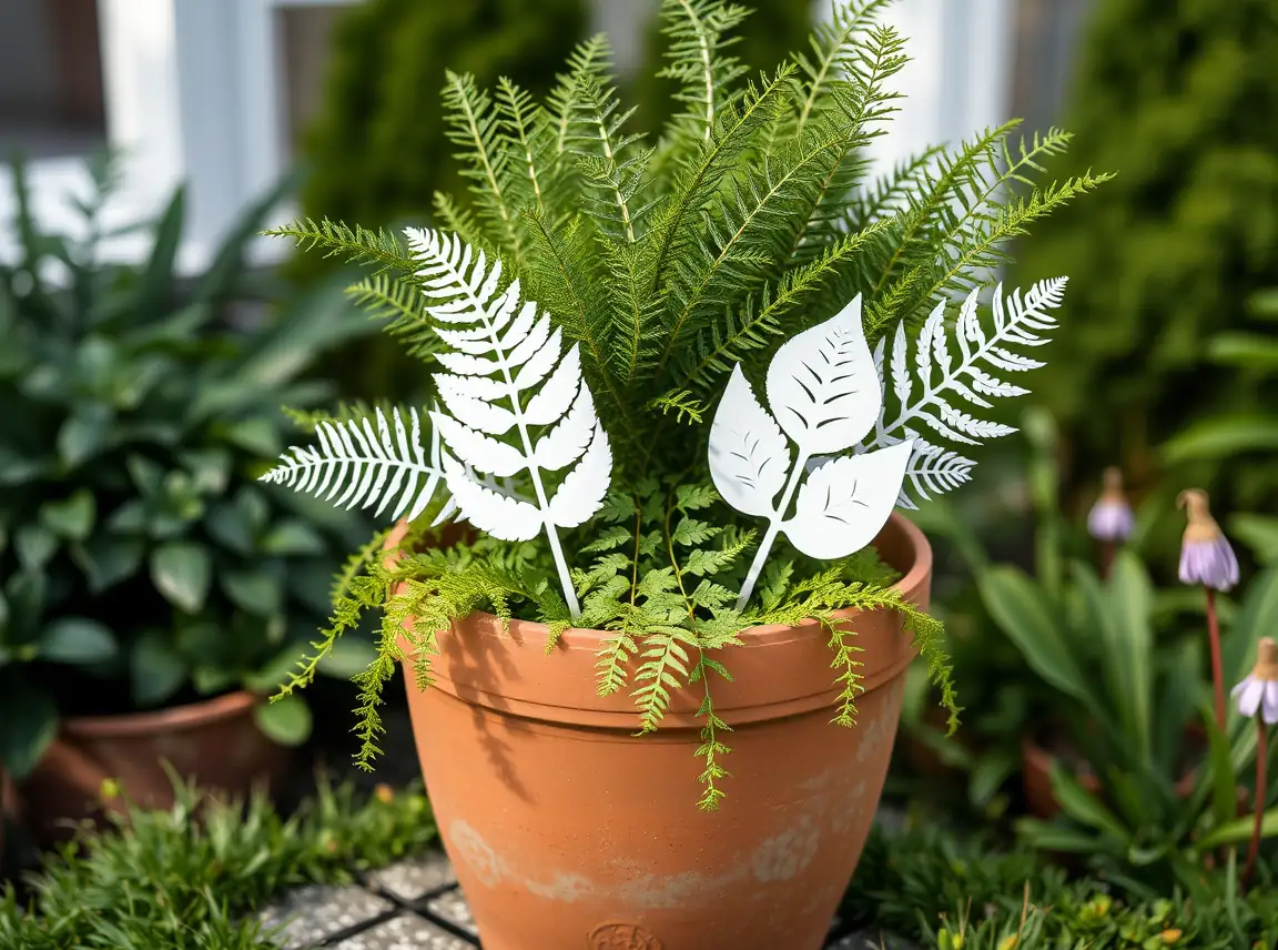 A garden pot decorated with crisp fern and leaf stencil designs holding greenery, natural and clean, no people, soft natural