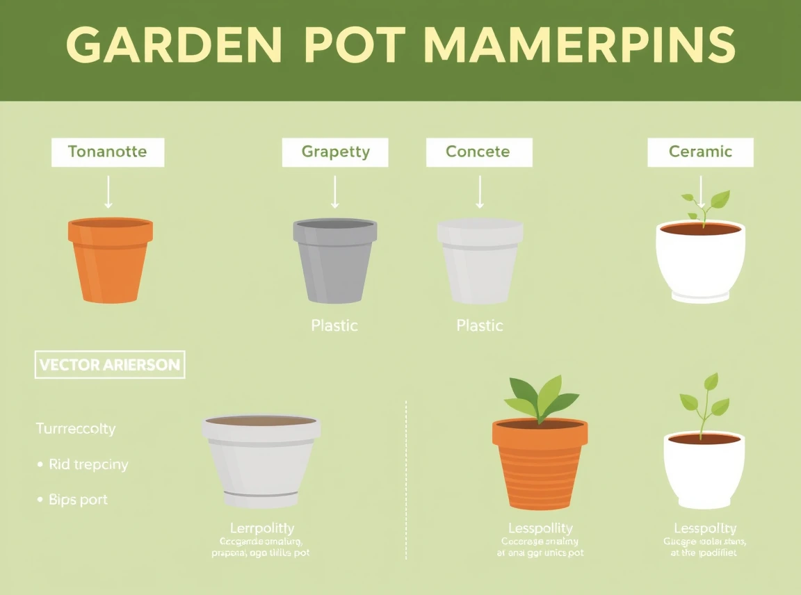 A garden pot materials comparison infographic showing terracotta, plastic, concrete, and glazed ceramic pots with simple