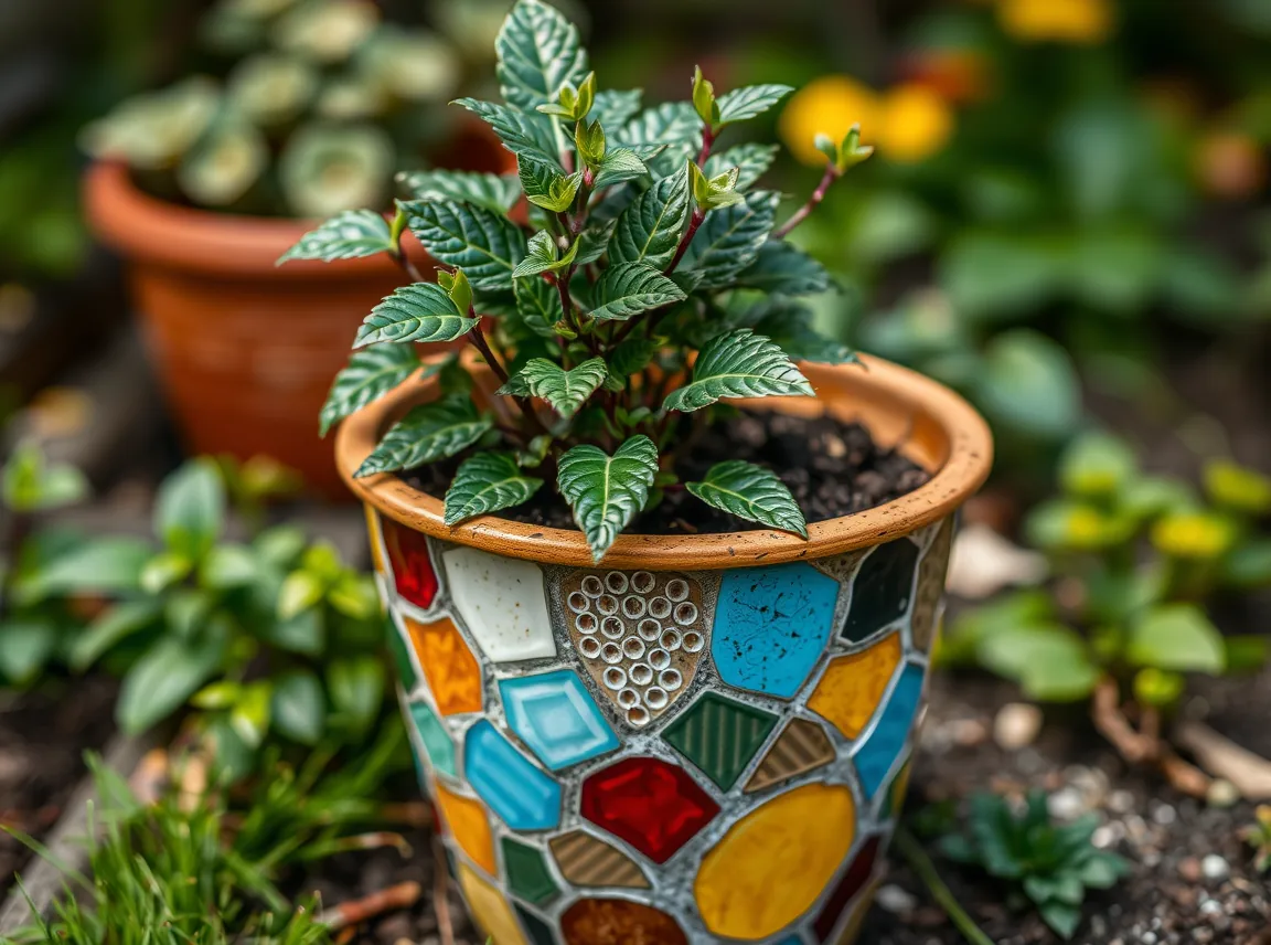 A garden pot painted with a colorful faux mosaic tile pattern holding a plant, rich and artsy, no people, soft daylight