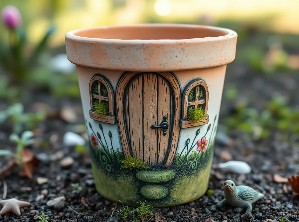 A garden pot painted with a tiny fairy door and windows holding moss and small plants, whimsical and magical, no people