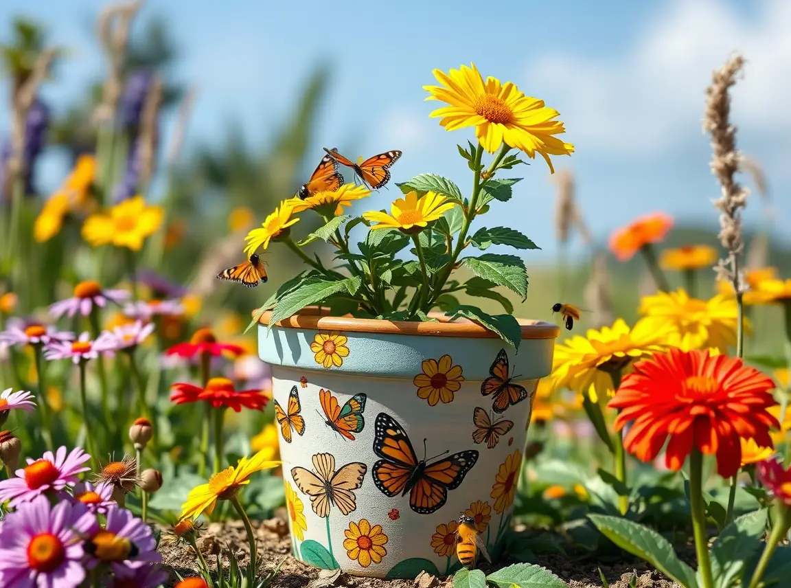 A garden pot painted with bees and butterflies among flowers holding a blooming plant, cheerful pollinator theme, no people