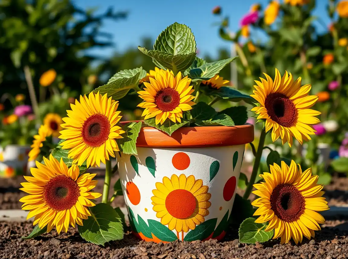 A garden pot painted with cheerful sunflowers around the sides holding a leafy plant, happy and floral, no people, sunny