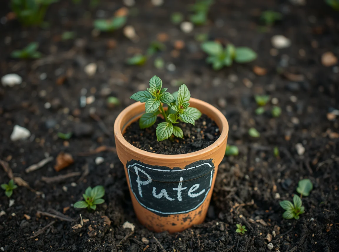 A garden pot with a chalkboard paint patch labeled in chalk holding a small plant, practical and rewritable, no people, soft