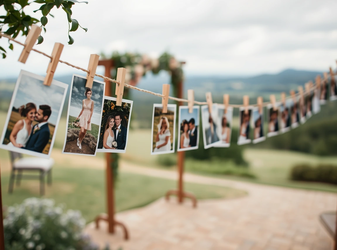 A garland of printed couple photos clipped along a string with small pegs at a wedding entrance, personal and sentimental