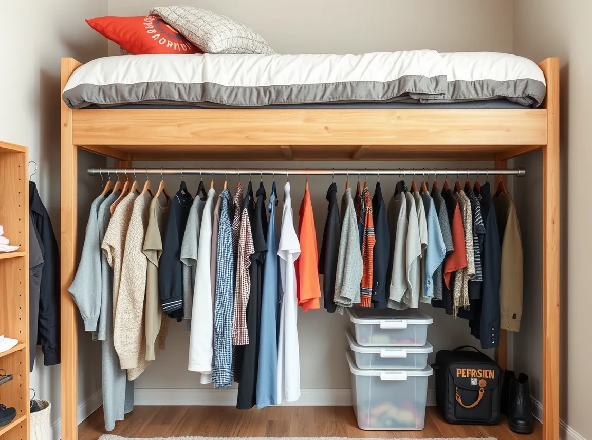 A garment rack used as an open closet under a lofted dorm bed with neatly hung clothes and storage bins, organized wardrobe