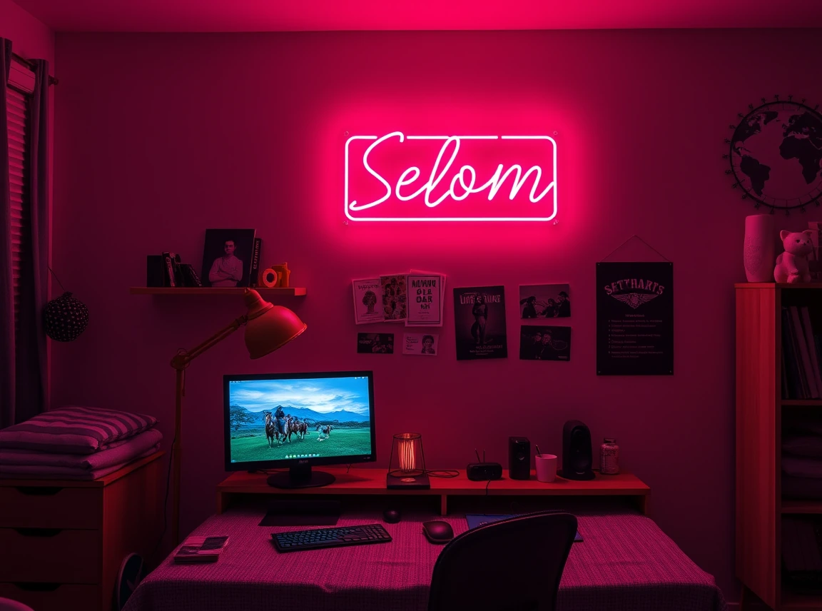 A glowing neon sign on a dorm wall above a desk as a personal statement piece, cool focal accent at night, landscape photo
