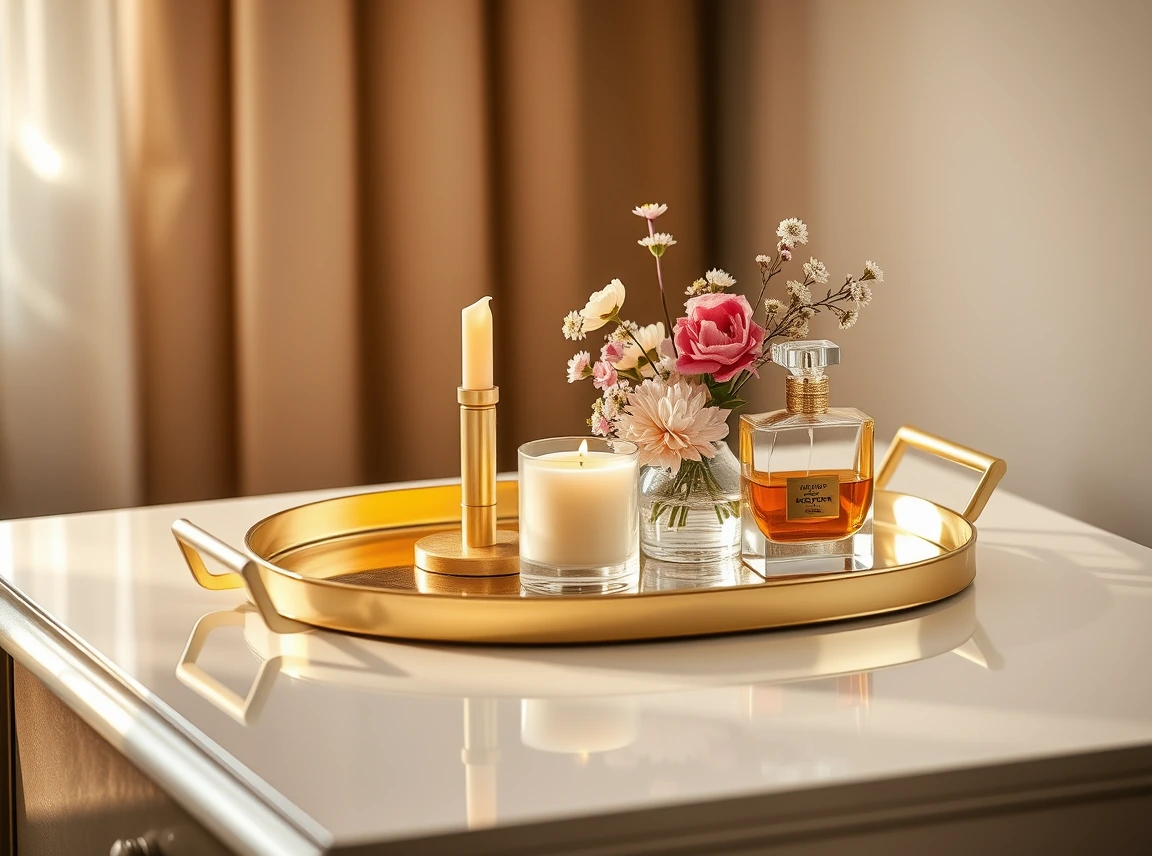 A gold tray on a dresser holding a candle, a small vase of flowers, and a perfume bottle, neat and shiny, soft warm light