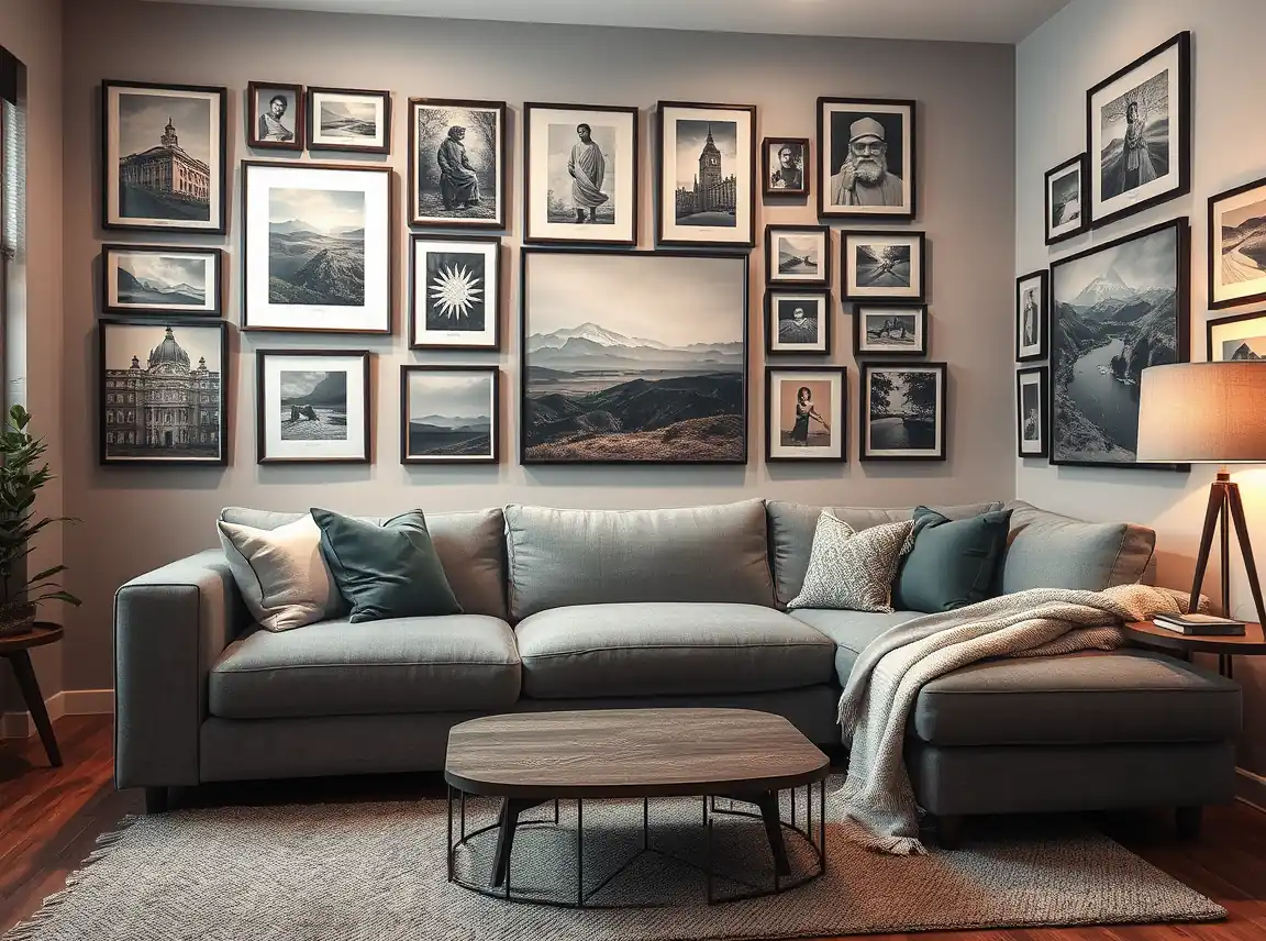 A gray corner sofa with a gallery wall of framed art wrapping around and above it on two walls, throw pillows and a soft