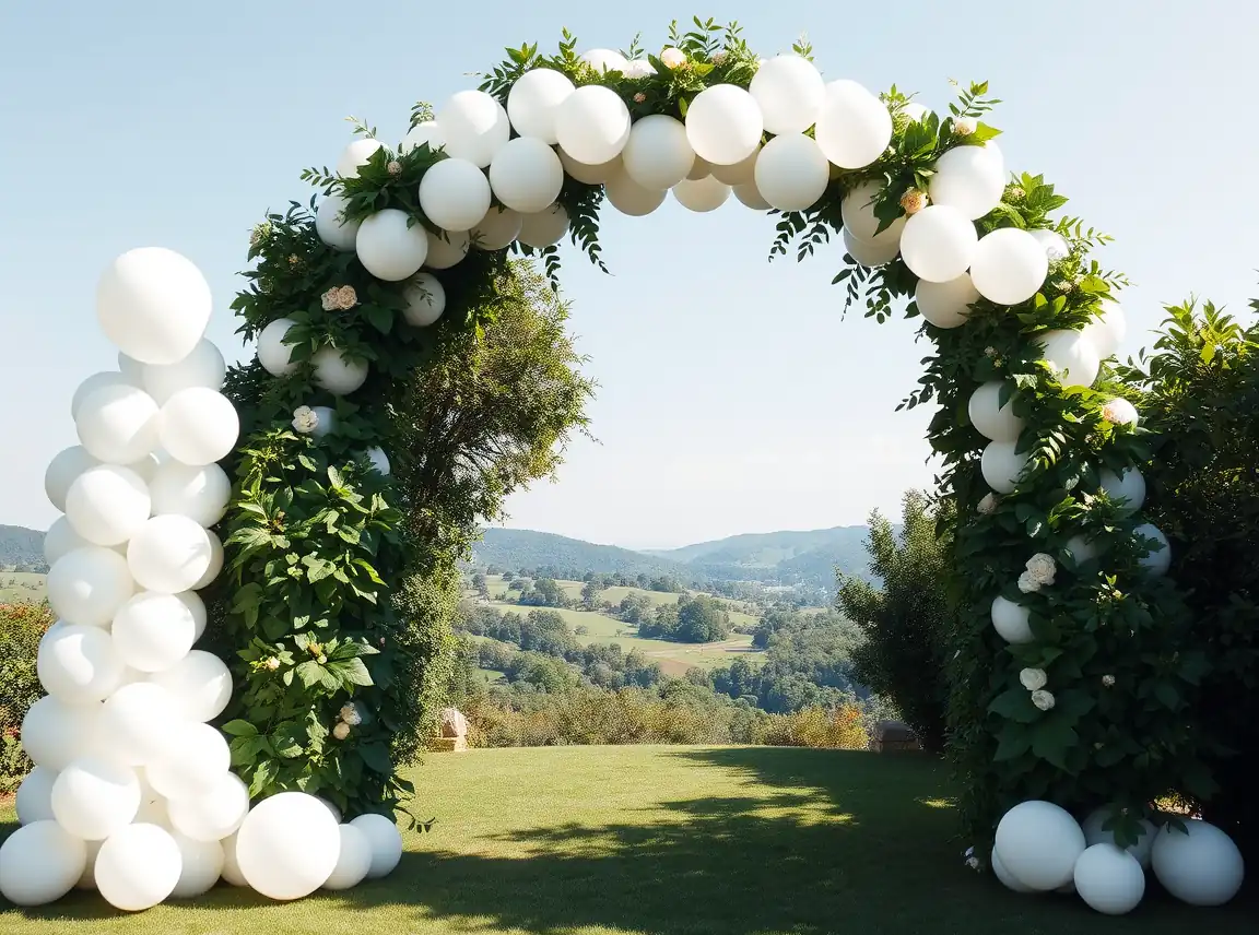 A greenery and white balloon arch framing a wedding ceremony entrance, lush and celebratory, no people, bright daylight