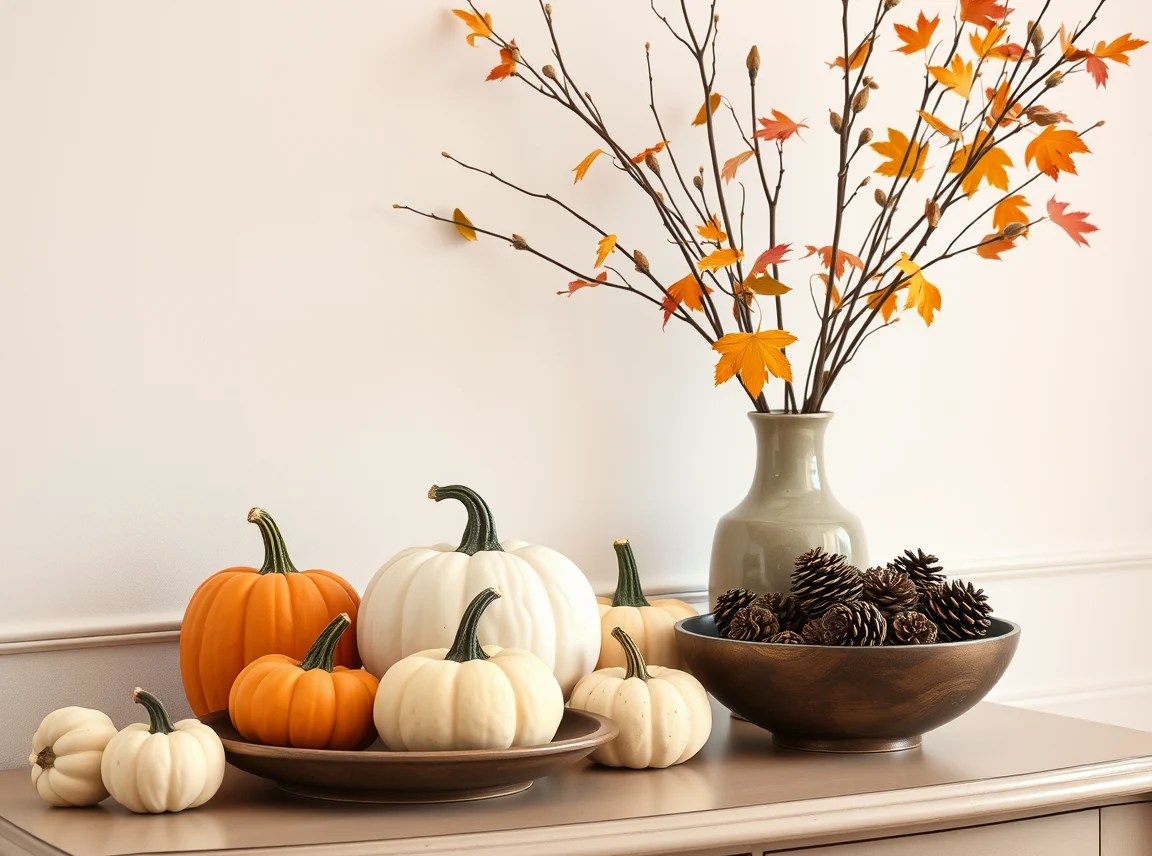 A grouping of small pumpkins, a bowl of pinecones, and a vase of autumn branches on a console table, tasteful fall decor, no