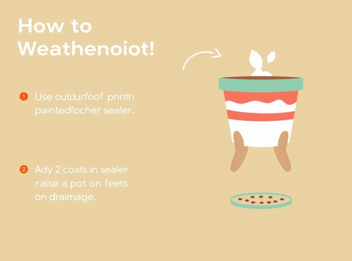 A guide showing how to weatherproof a painted garden pot, use outdoor paint, add two coats of sealer, and raise the pot on
