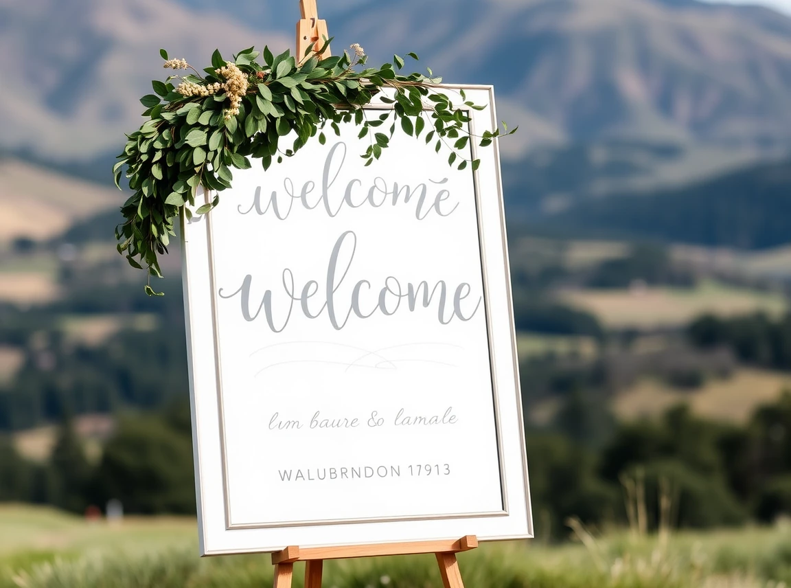 A hand-lettered wedding welcome sign on a mirror propped on an easel with greenery, artful and personal, no people, soft