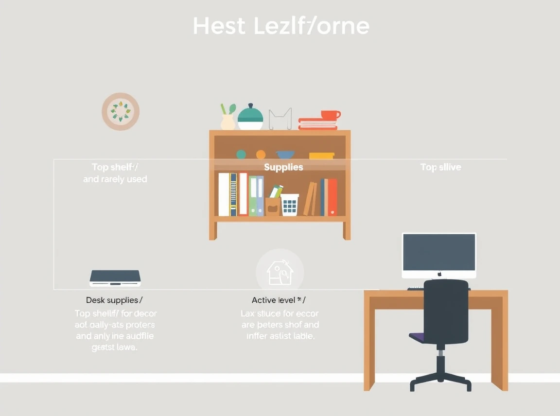 A hutch zone guide showing three shelf levels, the top shelf for decor and rarely used items, the eye-level shelf for daily